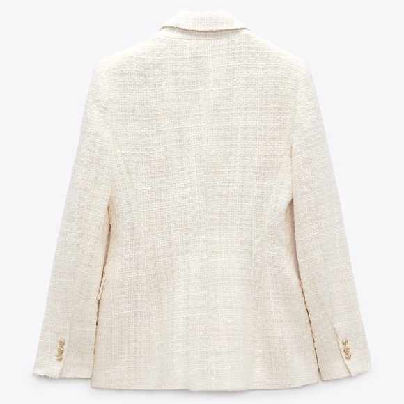 Zara Double Breasted Embossed Tweed Tailored Fit Ecru White Blazer Jacket - Picture 6 of 16